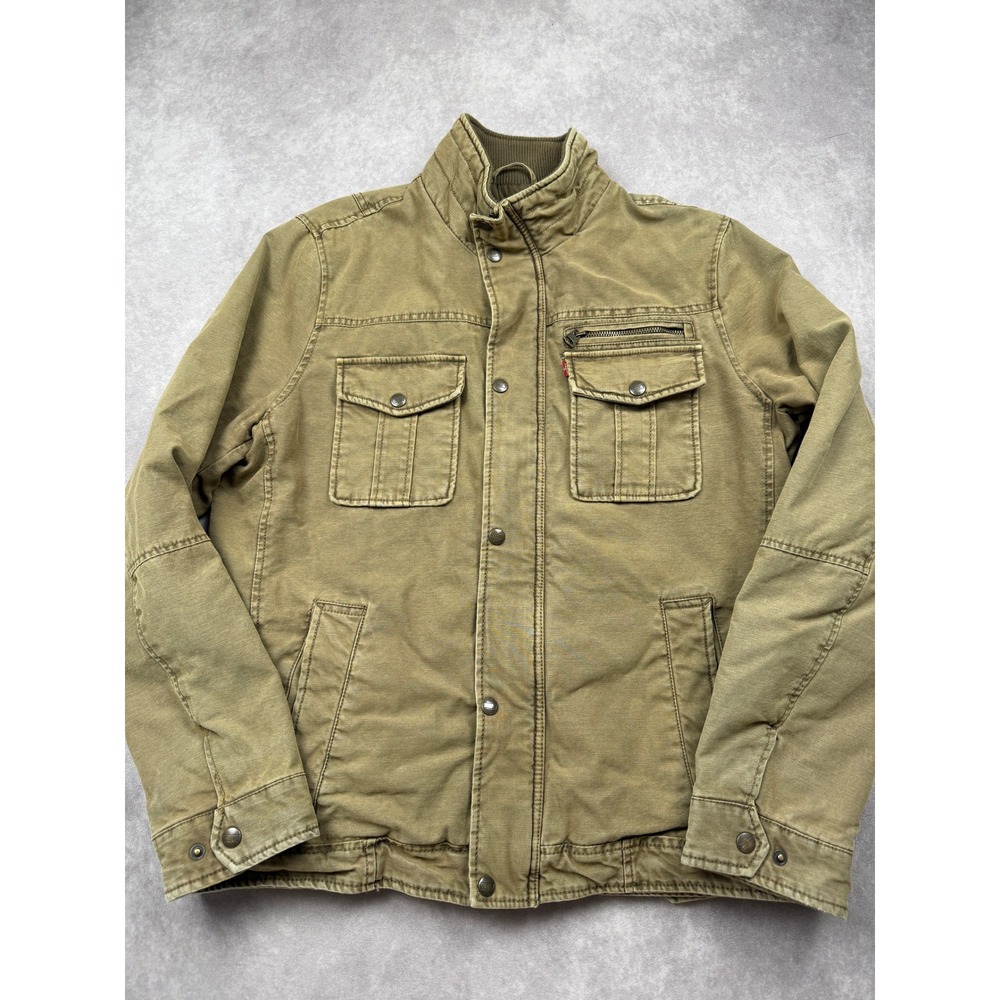 Levis Men M Field Jacket Brown Distress Fade Cotton Canvas Quilted Utility Coat